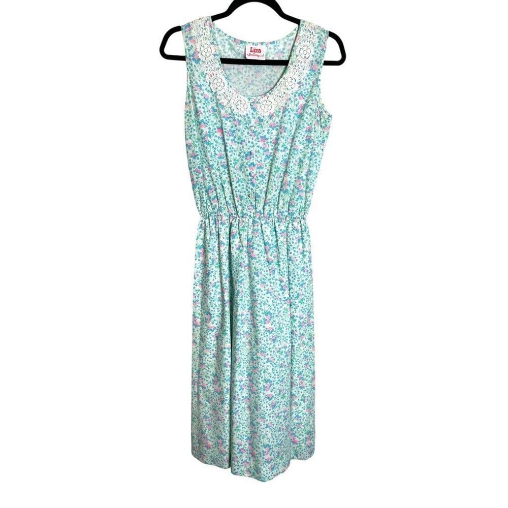 70s LIZA for Lilly Pulitzer Dayglo Floral Wide Lace Trim Sleeveless Dress